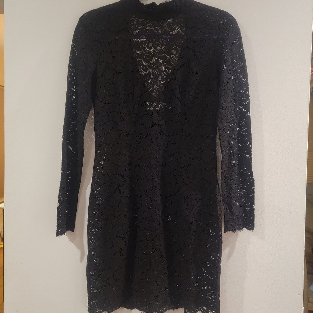 & Other Stories High Neck Bodycon Lace Longsleeve Scalloped Hem Dress Size 6